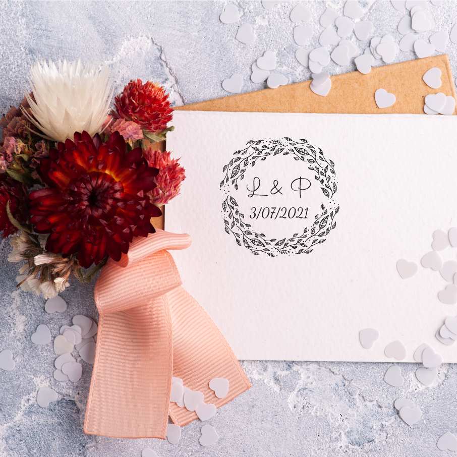 Sello boda personalizado corona hojas