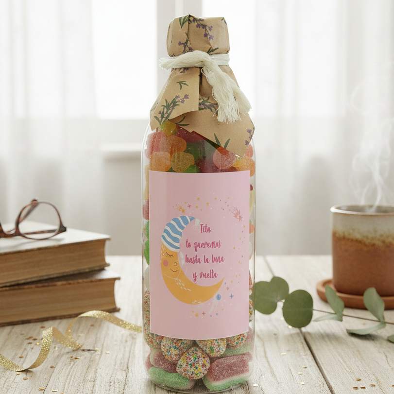 Botella rellena de chuches tita