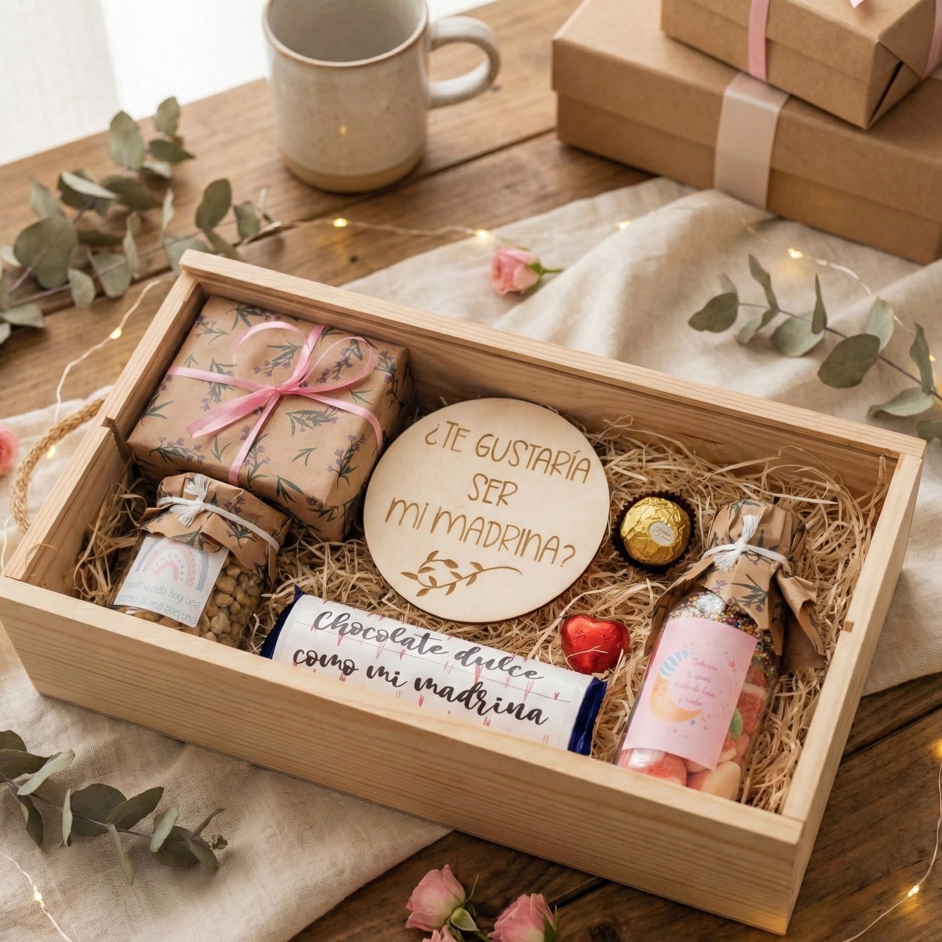 Caja regalo madera quieres ser mi madrina